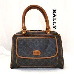BALLY Handbag Vintage Brown Monogram Satchel Leather Trims Lining Flap Pocket
